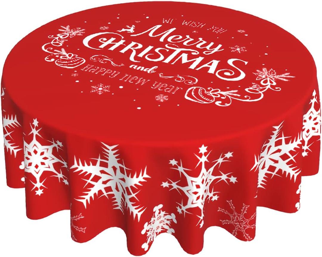Merry Christmas Tablecloth Round 60 Inch Snowflake Tablecloth Waterproof Polyester Washable Table Cover with Winter Snowflake Pattern Table Cloth for Kitchen Dining Room Christmas Party Picnic Patio