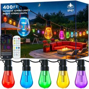 AILBTON 400FT RGB+IC Smart Outdoor String Lights, IP67 Waterproof LED Color Changing Clear Bulb String Lights with App & Remote Control, Shatterproof Hanging Patio Lights for Backyard Garden Party