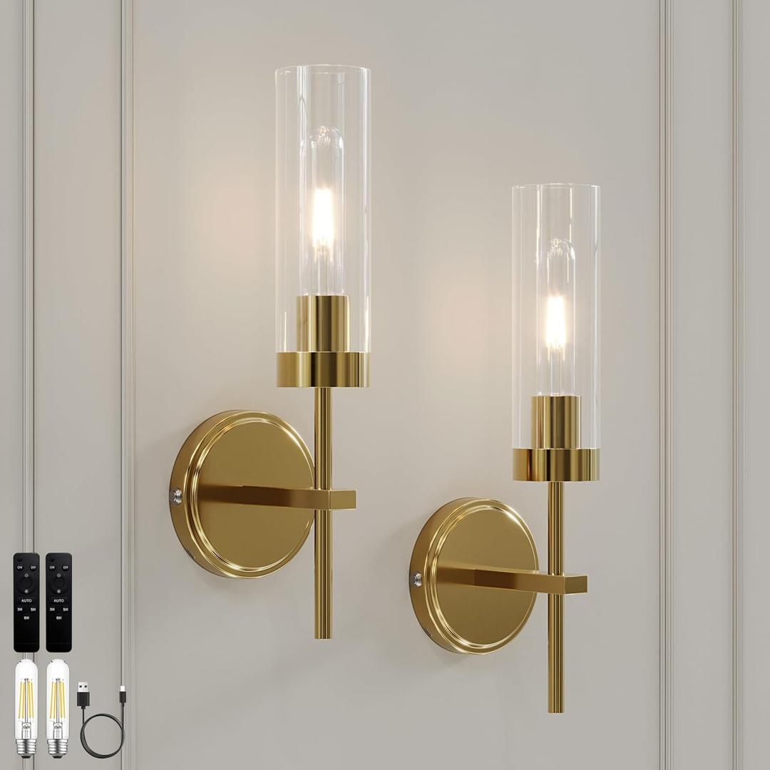 Gold Battery Operated Wall Sconce Set of 2, Wireless Wall Sconces with Remote Control, Rechargeable 3000K Dimmable Wall Light for Bedroom Living Room Bathroom Hallway Entryway Stairwell, Gold, 2 Pack