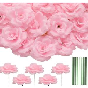 50 Pcs Rose Flower Head, Artificial Flowers Bulk for DIY Crafts, 3in Fake Rose Silk Flower Head wit Stem, Faux Flowers for Decoration, Wedding Home Party Decor Garland Decor (50, Pink)