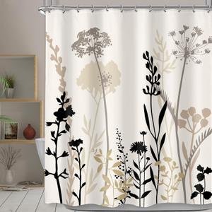 Omifly Beige Shower Curtain Cream Tan Floral 60Wx72L Taupe Brown Silhouette Flower Boho Wildflower Leaves Plants Botanical Vintage Bathroom Set 12 Plastic Hooks Waterproof Toilet Accessories Decor