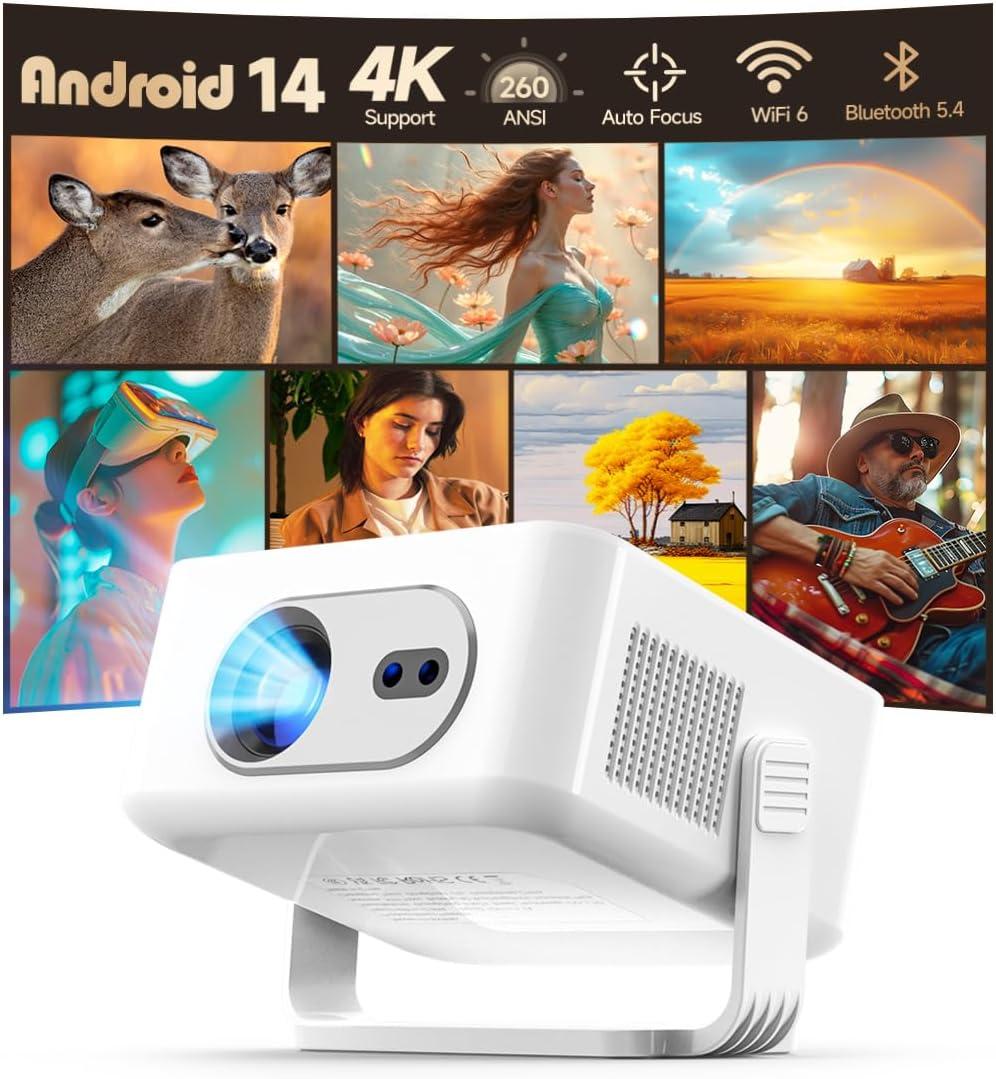2025 Android 14 Smart Projector 4K & 8K Support, Portable Projector with WiFi 6 and Bluetooth 5.4, Auto Focus & Vertical Keystone, 180Rotatable, Mini Proyector for Outdoor Home HY300Max (White + Silver)