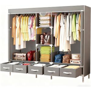 Portable Fabric Closet with 5 Drawers, 72.8x17.7x67.7 Inch Sturdy Clothing Storage Organizer with Hanging Rod, Non-Woven Wardrobe for Bedroom Dorm Apartment (Gray)