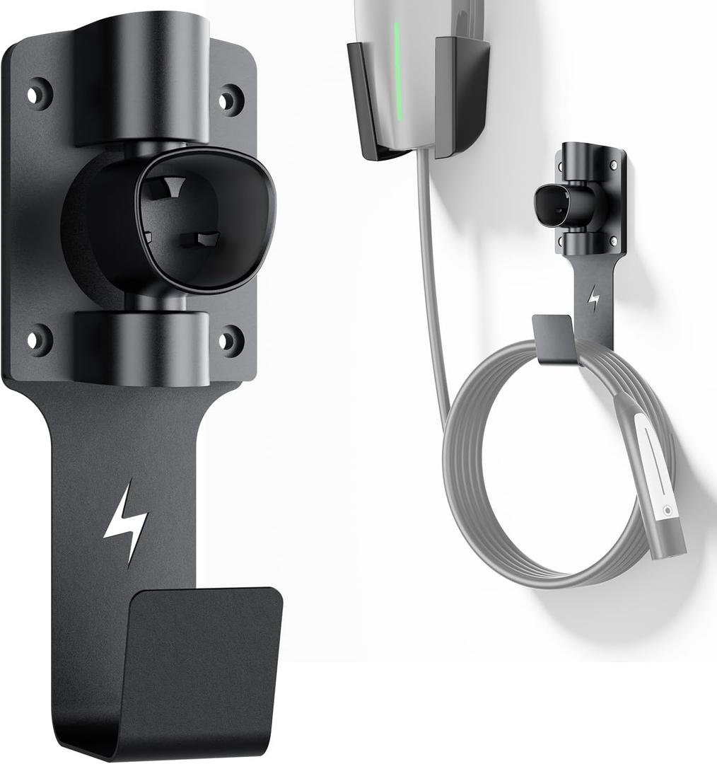 for Tesla Charger Holder, with 180 Rotation Nozzle Dock, Metal J-Hook for Tesla Model 3/Y/X/S Charger Cable Car Accessories Wall Connector Organizer Extra with Mobile Connector Holder