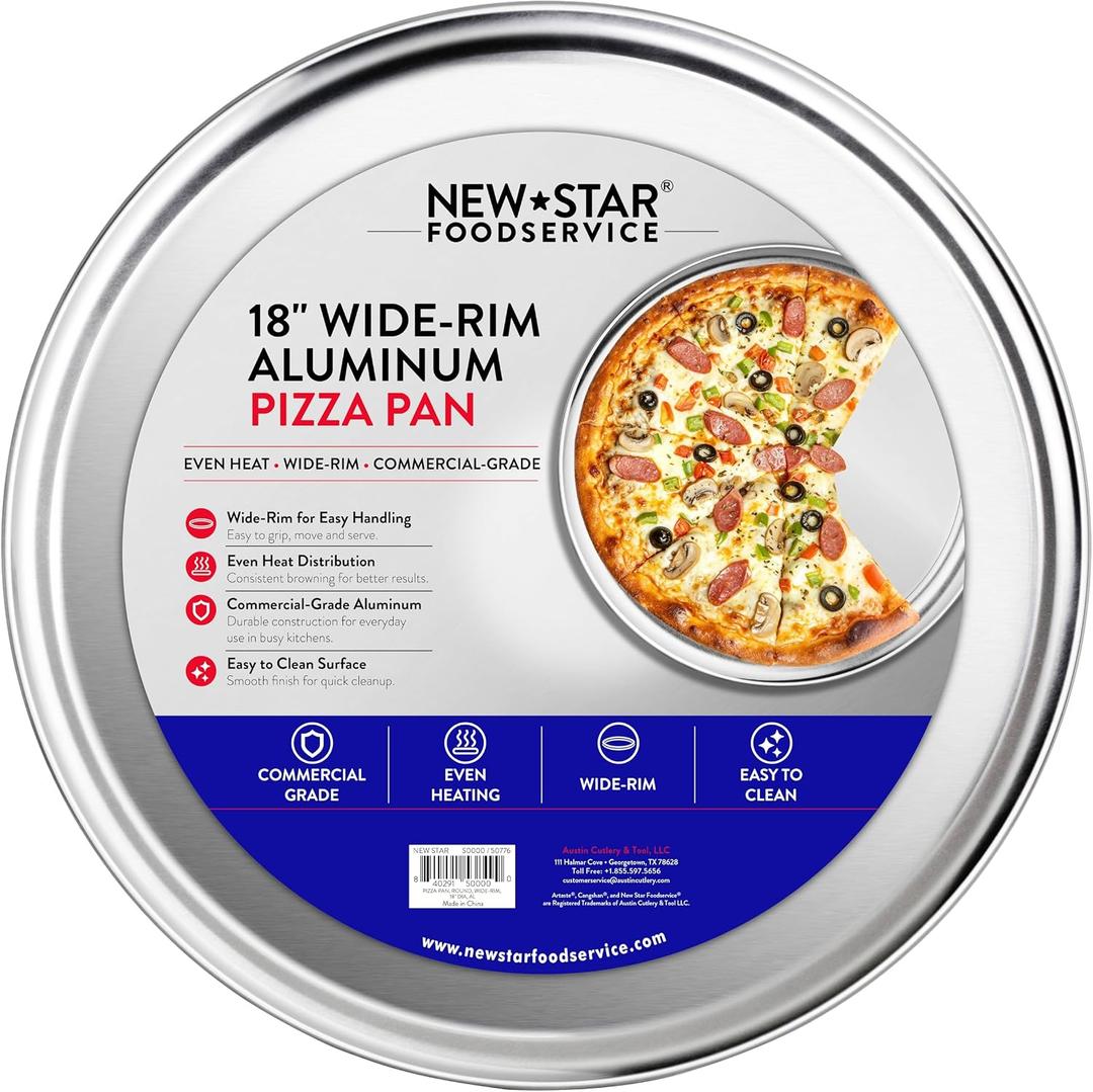 New Star Foodservice Aluminum Wide Rim Pizza Tray Pizza Pan (Silver, 18-Inch)