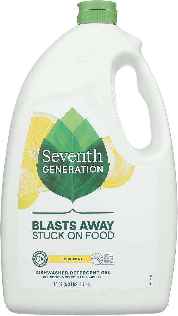 Seventh Generation Dishwasher Detergent Liquid Gel, Powers Away Stuck-On Food, Lemon Scent, 70 Oz