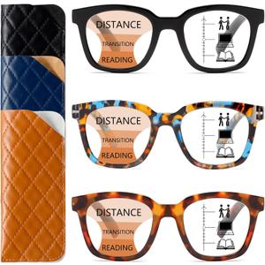 3 Pack Near-range Workspace Progressive Reading Glasses for Women Men Square Oprah Style Blue Light Blocking Readers (Black+leopard+blue Leopard)