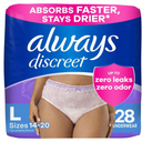 Always Discreet Adult Incontinence Underwear for Women and Postpartum Underwear, Large, Up to 100% Bladder Leak Protection, 28 Count