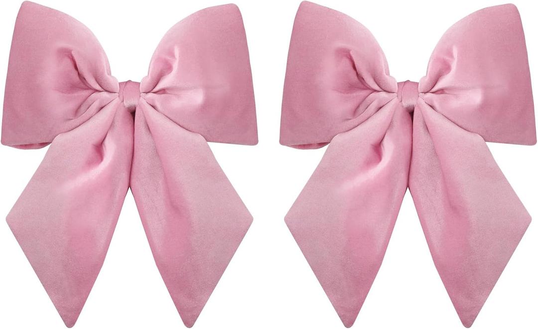 Large Plush Velvet Bows Set of 2 16-Inch Christmas Bow Tree Topper for Christmas Tree Decoration Door Window Decor (Pink)