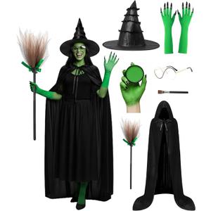 Witch Costume Women, 7Pcs Witch Hat, Hooded Cape, Green Color Decorative Face Body Kit, Long Gloves with Nails, Glasses and Broom, Halloween Cosplay Outfits Accessories Set for Adult