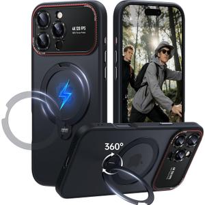 For iPhone 16 Pro Max Case: 360 Spin Magnetic Stand, Camera Protection (Compatible with MagSafe) [16FT Military Protection] Shockproof Matte Translucent Phone Cover for iPhone 16 Pro Max 6.9", Black