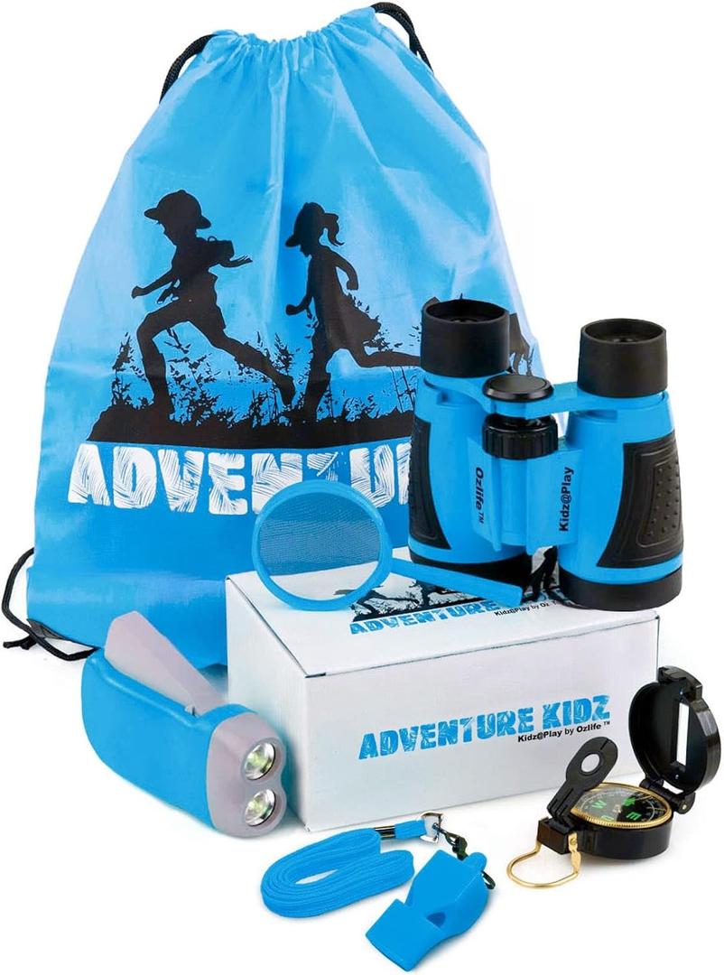 Adventure Kidz - Outdoor Exploration Kit, Childrens Toy Binoculars, Torch, Compass, Whistle, Magnifying Glass, Backpack. Great Kids Gift Set for Camping, Hiking, Educational and Pretend Play. (Blue)