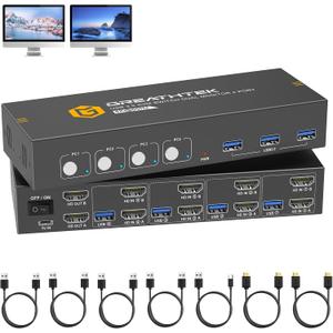 HDMI KVM Switch 4 Computers 2 Monitors with 3 USB3.0 Ports, 4K@60Hz Dual Monitor KVM Switch 4 Port for 4 PCs Share 2 Monitors, Support Button Switch, Adaptive EDID, 4 in 2 Out