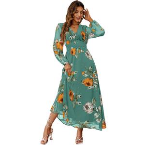 Simplee Women's Boho Floral Maxi Dress Flowy Casual V Neck Short Sleeve Wedding Guest Holiday Beach Long Dress, Large