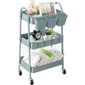 danpinera 3-Tier Rolling Cart, Utility Cart Mobile Metal Rolling Storage Cart with Lockable Wheels & Hanging Cups & Hooks for Kitchen, Bathroom, Office, Workshop, Gray Blue (Normal)