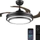 48 Inch Retractable Ceiling Fan with Lights and Remote,Black Fandelier Ceiling Fan with APP Control 6 Speed Dimmable LED Ceiling Fans Silent Reversible Motor for Bedroom Kitchen Living Room