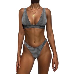 Bathing Suits for Women Deep V Neck Sexy Two Piece Bikini Sets for Women Thong Halter Cheeky Swimsuit (Medium, Black Stripe)