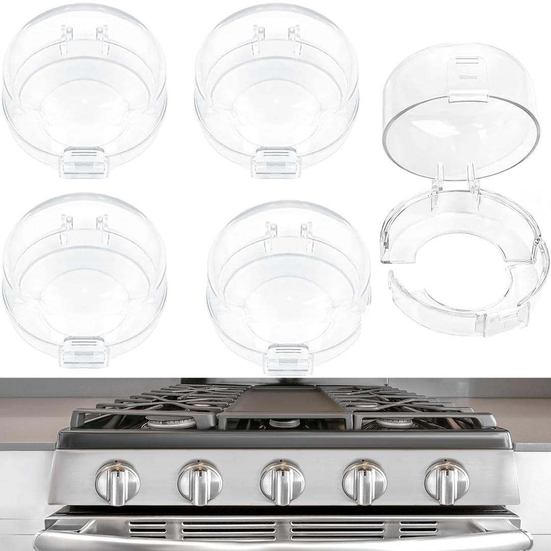 Stove Knob Safety Covers, Stove Knob Covers for Child Safety, Gas Stove Knob Locks, Prevent Baby Pets from Turning on Stoves, Baby Proofing, Heat-Resistant Adhesive, (Clear)-5 Pack