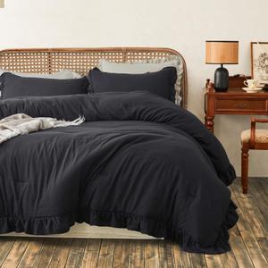 MR&HM Black Stonewashed Ruffled Queen Comforter Set, Farmhouse Bedding Lightweight Fluffy Comforter 3 Pieces, Ultra Soft Microfiber Shabby Boho Chic Vintage Ruffled Bedding Comforter Sets Queen Size