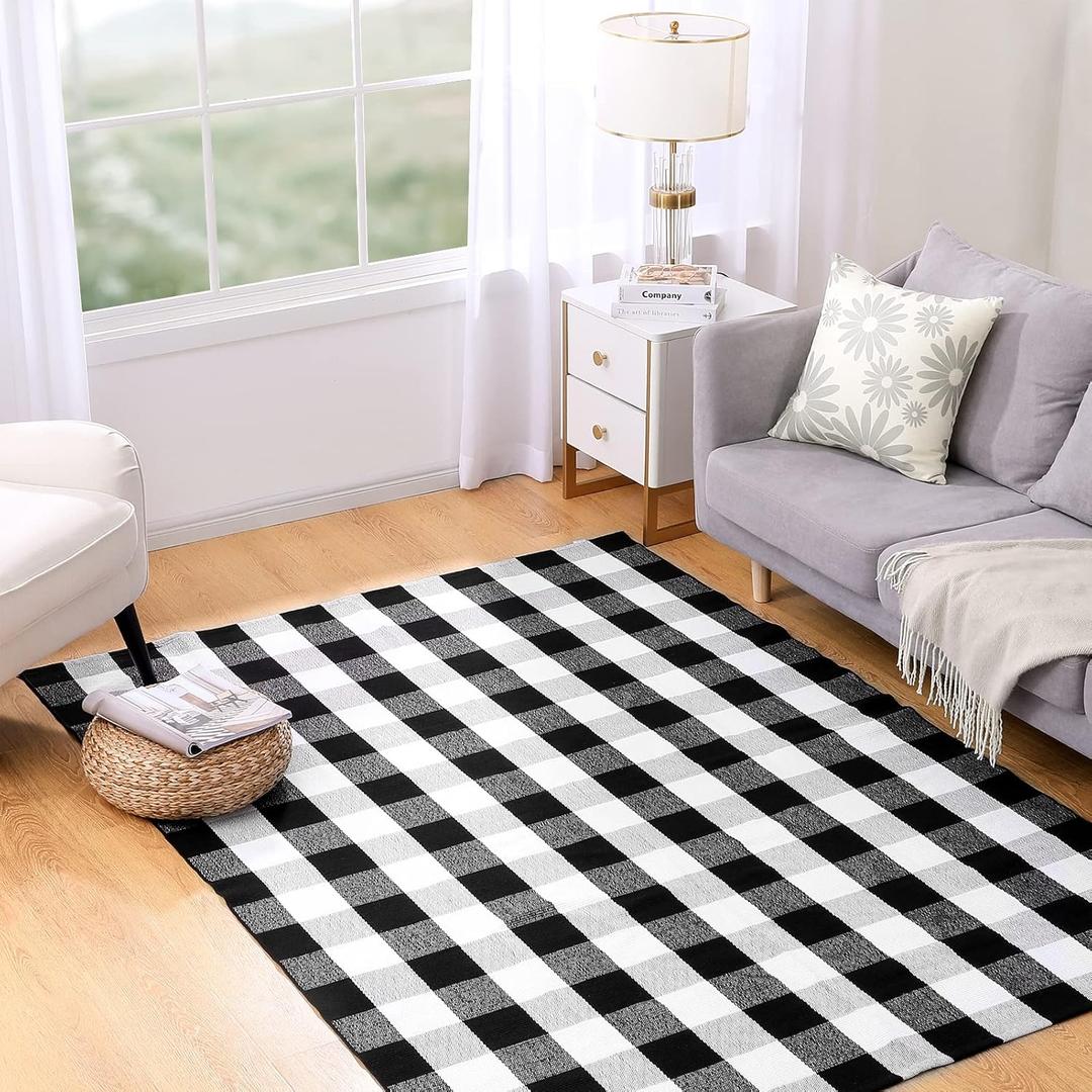 joybest Buffalo Plaid Rug 5 x 7 ft Black and White Checkered Area Rug Cotton Hand-Woven Indoor Outdoor Rugs Carpet for Patio, Living Room, Dining Room, Bedroom (4'11" x 6'11" (Rectangular))