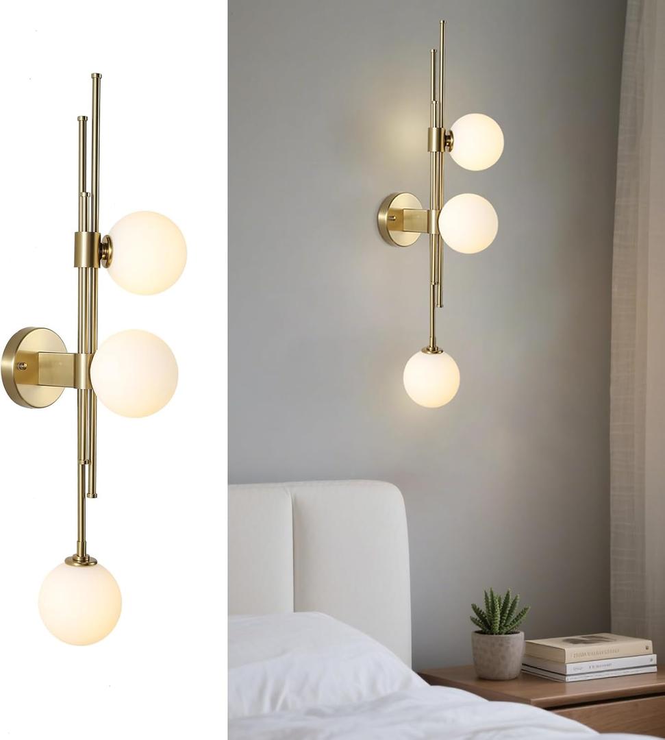 3-Light Globe Wall Sconces, Mid Century Modern Wall Light Fixtures, Vanity Lights with White Glass Shade, Metal Wall Light for Bedroom Living Room