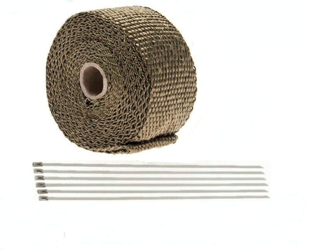 Titanium Exhaust Wrap 2" x 16.5' Roll for Motorcycle Fiberglass Heat Shield Tape with Stainless Ties