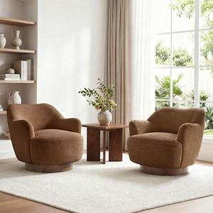 Swivel Accent Chair Set of 2, Upholstered Barrel Chair with Curves Camel Back Design, Modern Arm Chair with Wooden Base for Living Room Bedroom Reading Waitingroom, Terracotta