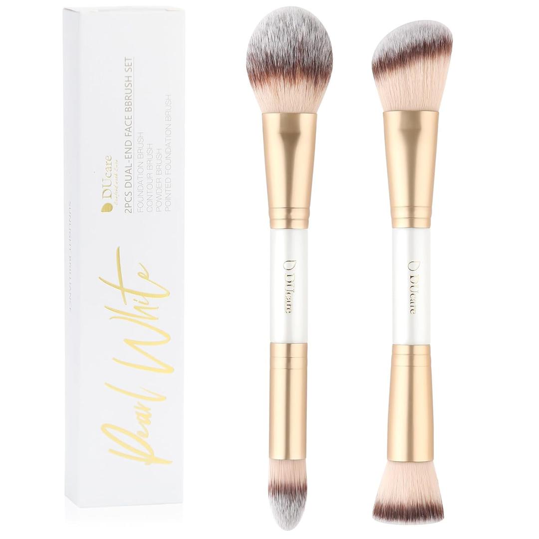 DUcare Makeup Brushes Duo End Foundation Contour Powder and Buffer Brush Bronzer Double Makeup Brush Set 2Pcs white (B04)