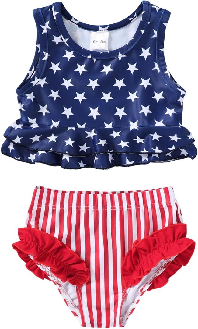 YOUNGER TREE Toddler Baby Girls Summer Swimsuit Sleeveless Striped Swimwear Two-Piece Suit Beach Bikini (Red, S) 18-24M