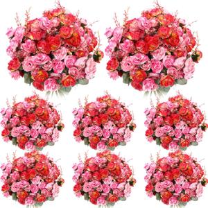 Geosar 8 Pcs Rose Artificial Flowers Fake Flowers Bouquet 21 Heads Silk Faux Floral Bundles with Stem for Home Bridal Wedding Arrangements Table Centerpieces Party Decor (Rose Red)