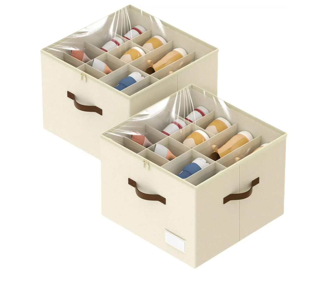 Shoe Organizer for Closet, 2 Pack Shoe Organizer with Clear Cover, Closet Shoe Storage Containers w/Adjustable Dividers, Foldable Storage Bins for Shoes, Fits 16-32 Pairs, Beige