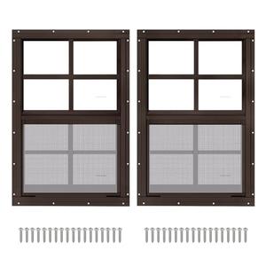 2 Pack 16" x 16" Brown Shed Window with Tempered Glass and Fiberglass Screen Household Sliding Windows with Screws for Shed, Chicken Coop, Playhouse, Garage and Barns