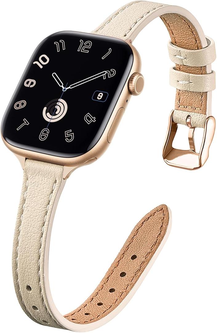 STIROLL Slim Leather Bands Compatible with Apple Watch Band 38mm 40mm 41mm 42mm(Series 11 10), Top Grain Leather Watch Thin Wristband for iWatch SE 9 8 7 6 5 4 3 2 1 (Beige Gold)