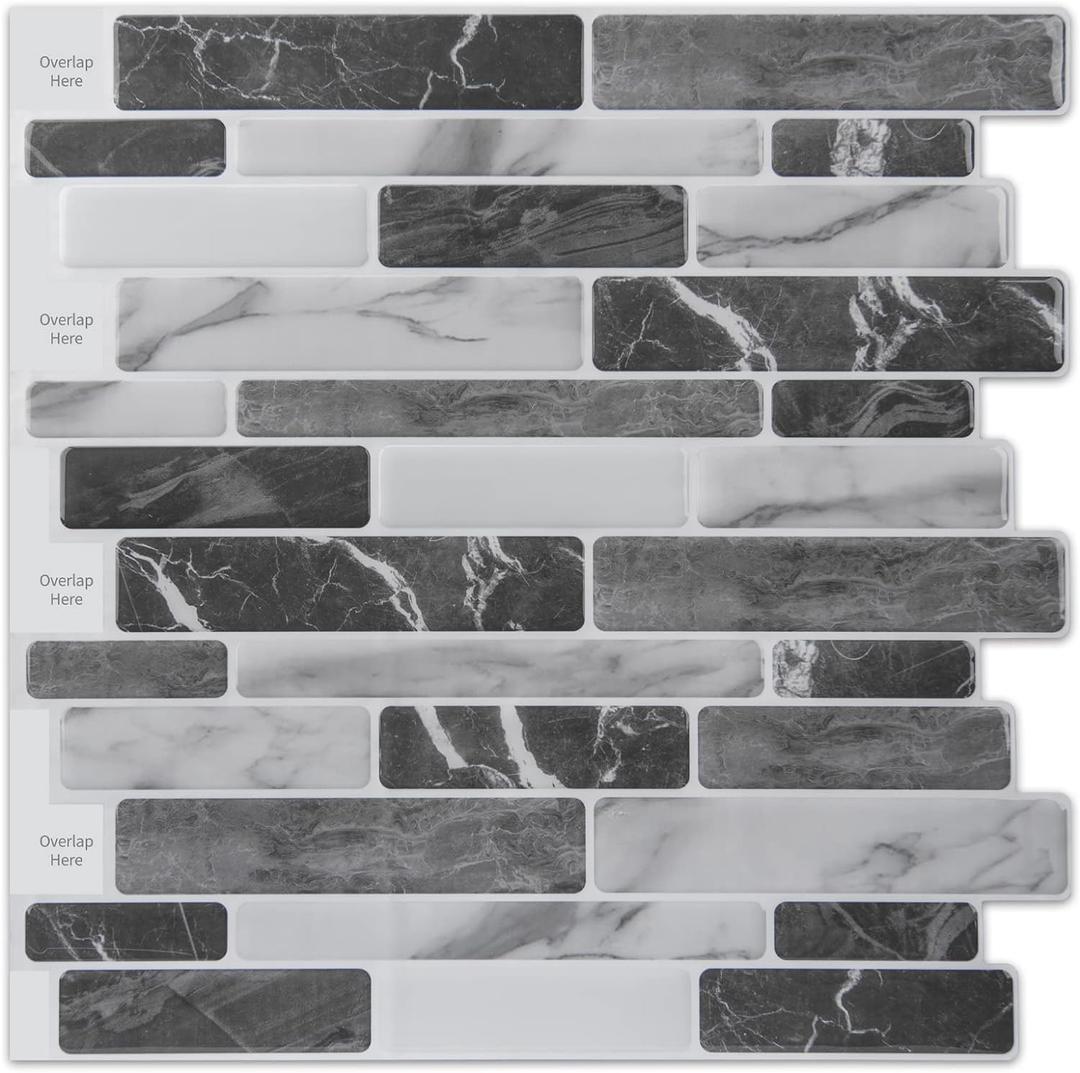 Art3d 10-Sheet Peel and Stick Backsplash, 12 in. x 12in. Dark Grey Marble Design (10 Sheets, Dark Gray)
