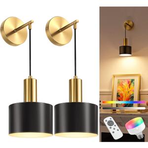 NIORSUN Battery Operated Wall Sconce Set of 2, Gold & Black Wireless Rechargeable Wall Lights with 5200mAh Dimmable Detachable Bulbs and Remote, 9 Colors Sconces Wall Decor for Bedroom Living Room