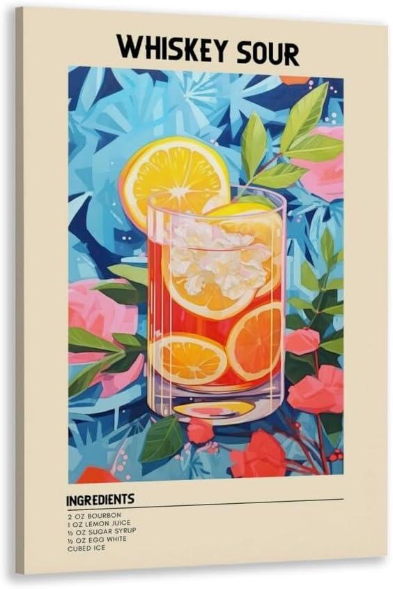 GyXzodonti Whiskey Sour Cocktail posters retro cocktail wall art Cocktail Drink Wall Decor Vintage bar cart decor Kitchen Home Bar Cart Club Decor Canvas Print 16x24inch Framed (style-13-Framed)
