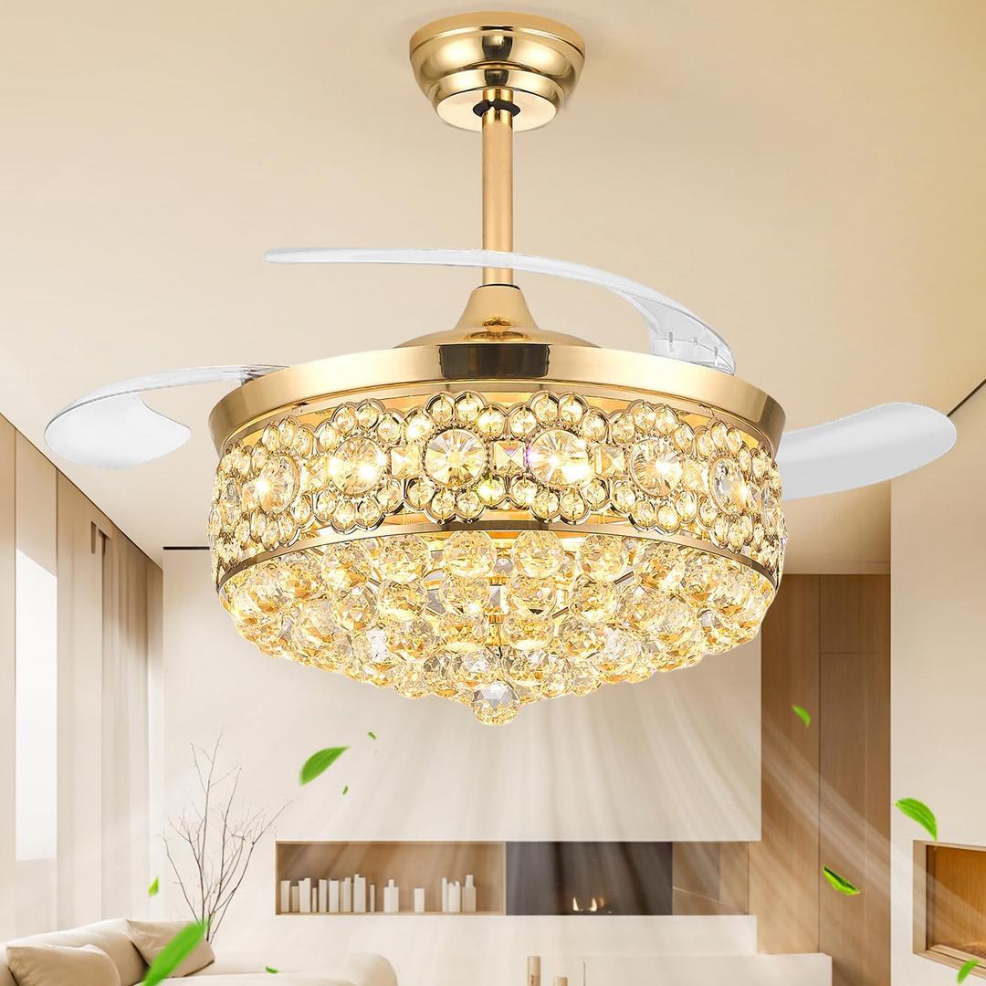48" Fandelier Ceiling Fan with Light, Chandelier Ceiling Fans with Lights,Retractable Crystal Ceiling Fan for Bedroom Living Room,6 Wind Speed,3 Color Tempeature-Gold