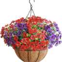 Artificial Hanging Flower Plants with Pot Planter, 12 Bundles Fake Flowers Uv Resistant Artificial Outdoor Flowers for Spring Summer Yard Porch Patio Garden and Home Decoration - Purplish Red