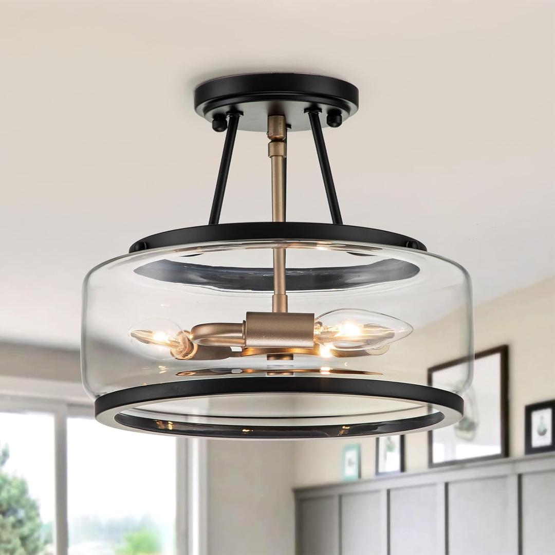 11.8 Inch Small Black and Gold Semi Flush Mount Ceiling Light Fixture 3 Light,Drum Modern Clear Glass Ceiling Light Fixtures for Bedroom,Entryway,Hallway,Kitchen,Dining Room,Bathroom, 11.8 inch-E12
