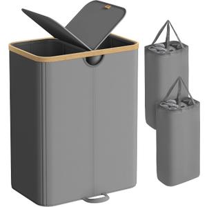 SONGMICS Laundry Hamper with Lids, Laundry Basket with 2 Compartments, 39 Gal. (150 L), Removable Liner Bag, for Laundry Room, Bedroom, Living Room, Slate Gray and Light Bamboo ULCB523G01