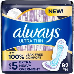 Always Ultra Thin Overnight Pads, Size 5, Extra Heavy Overnight, Unscented, 92 Count (2 Packs of 46)