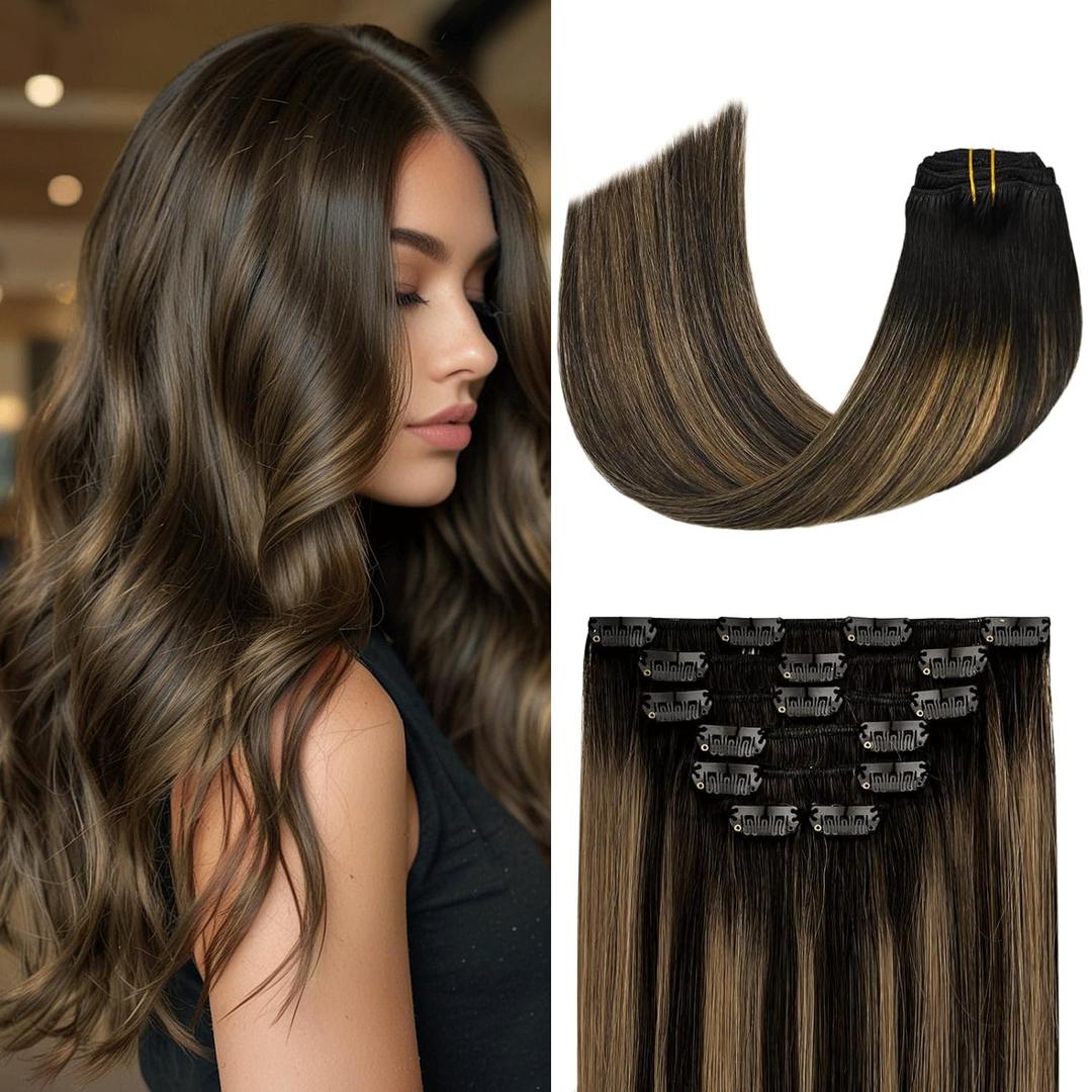 Aison Clip in Hair Extensions Real Human Hair 70G Natural Black to Chestnut Brown 100% Remy Human Hair Soft Silky Straight 7pcs 16clips One Pack 18 Inch (18 Inch, Natural Black to Chestnut Brown)