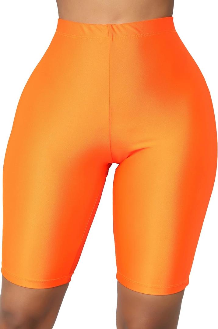 SUNFEXOY Biker Shorts for Women,High-Waisted Shiny Neon Bright Active Workout Yoga Pants Running Shorts Knee Length (Pink, L)