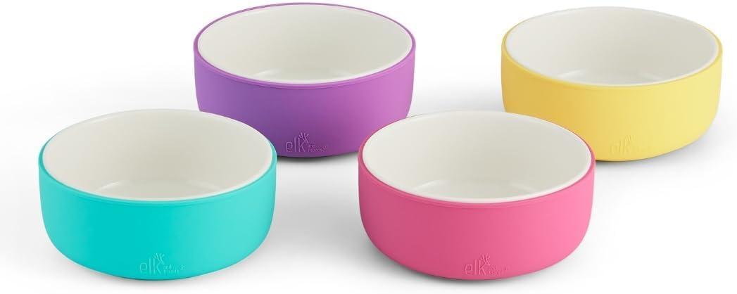 Elk and Friends Kids Porcelain Bowls with Silicone Sleeves | Suitable for Babies/Toddlers | Microwave & Dishwasher Safe | Non Slip Dinnerware | Snack Dishes | 4 Pack
