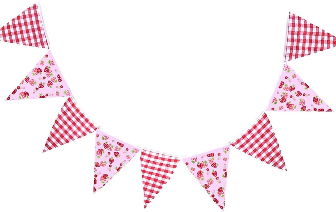 Strawberry Party Decorations Strawberry Red Gingham Fabric Banner 11 Pcs Cotton Fabric Flags Pennant Garlands for Berry First Birthday Party Baby Shower Outdoor and Home Decorations