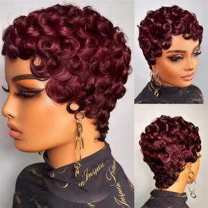 Short Pixie Cut Wigs for Black Women Brazilian Curly Pixie Cut Wig Human Hair Burgundy 99J# Short Layered Wigs With Bangs No Glue Human Hair Wig for Daily Use