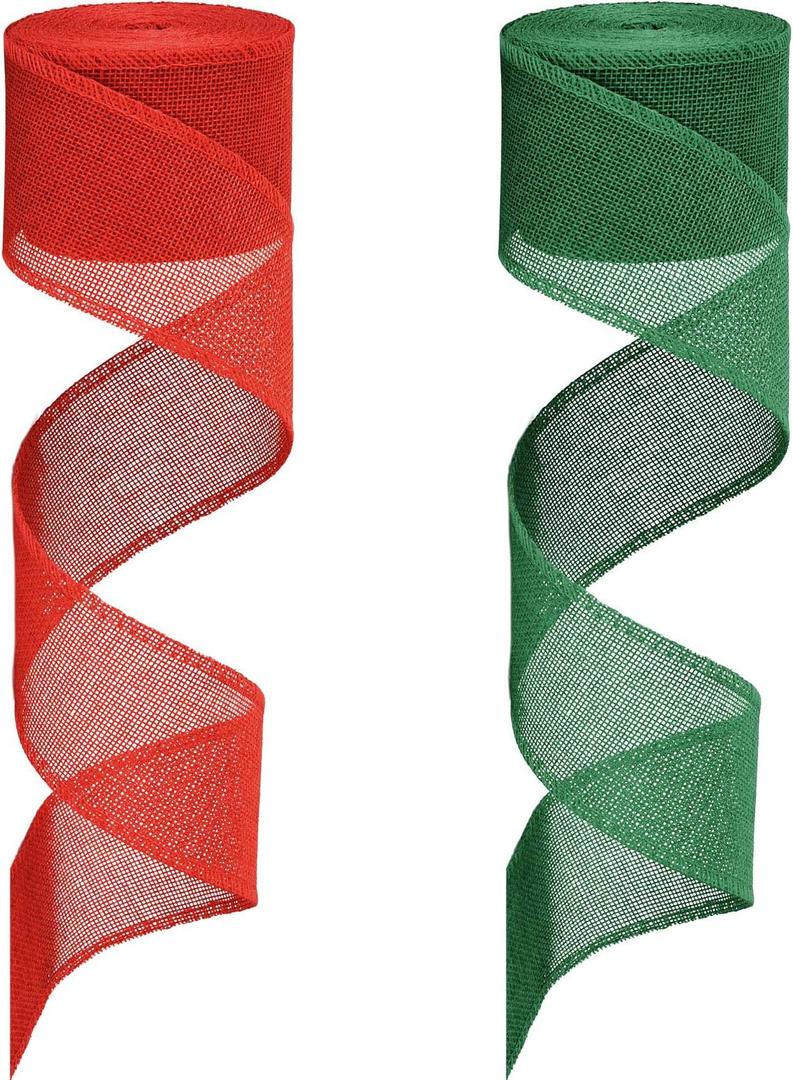 EBOOT 2 Rolls Faux Burlap Ribbon Christmas Burlap Ribbon Rolls for DIY Craft Gift Wrap Decor (2.4 Inches by 394 Inches, Red and Green)
