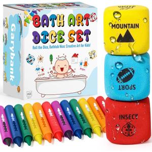 Garybank 12 Pack Bath Crayons for Toddlers 1-3, with 3 Drawing Prompt Dice, Non-toxic Formula Bathtub Crayons, Washable & Smoothly Paint Wet and Dry On Wall, Easy Grip Shell to Draw