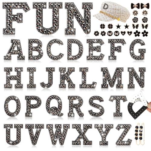 Rhinestone Self-Adhesive Letter Clothing Patches: Kingsow 48pcs Black Rhinestone Bling Letter Patch Stickers for DIY Crafts - Glitter Crystal Alphabet Patches Stick on Jackets, Hats, Bags