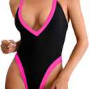 Color Block Swimsuit, Plunge V Neck High Cut, Pool Party Vacation, Sexy Backless One Piece Bathing Suit Cheeky (Black Neon Pink)